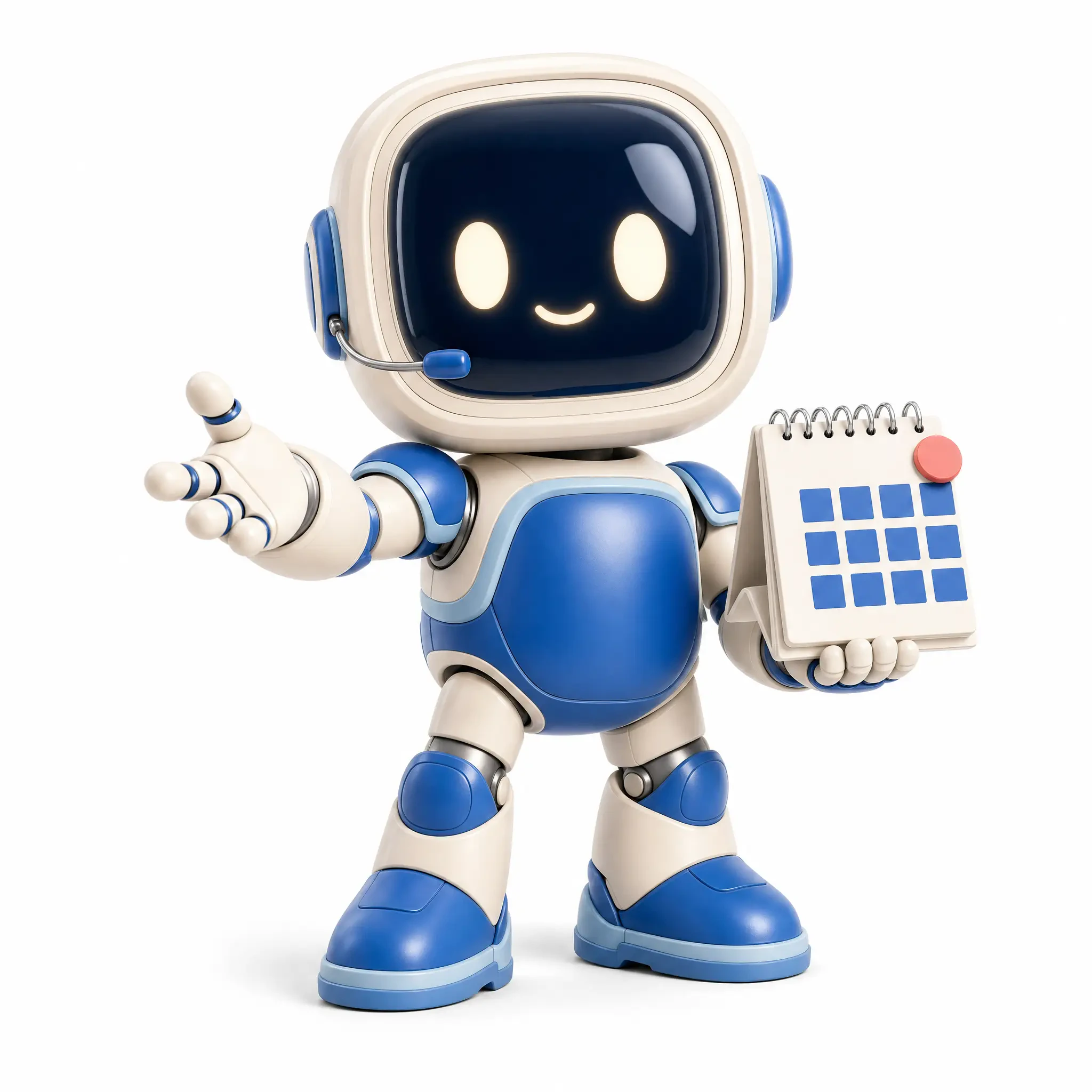 Friendly blue AI assistant with a booking calendar