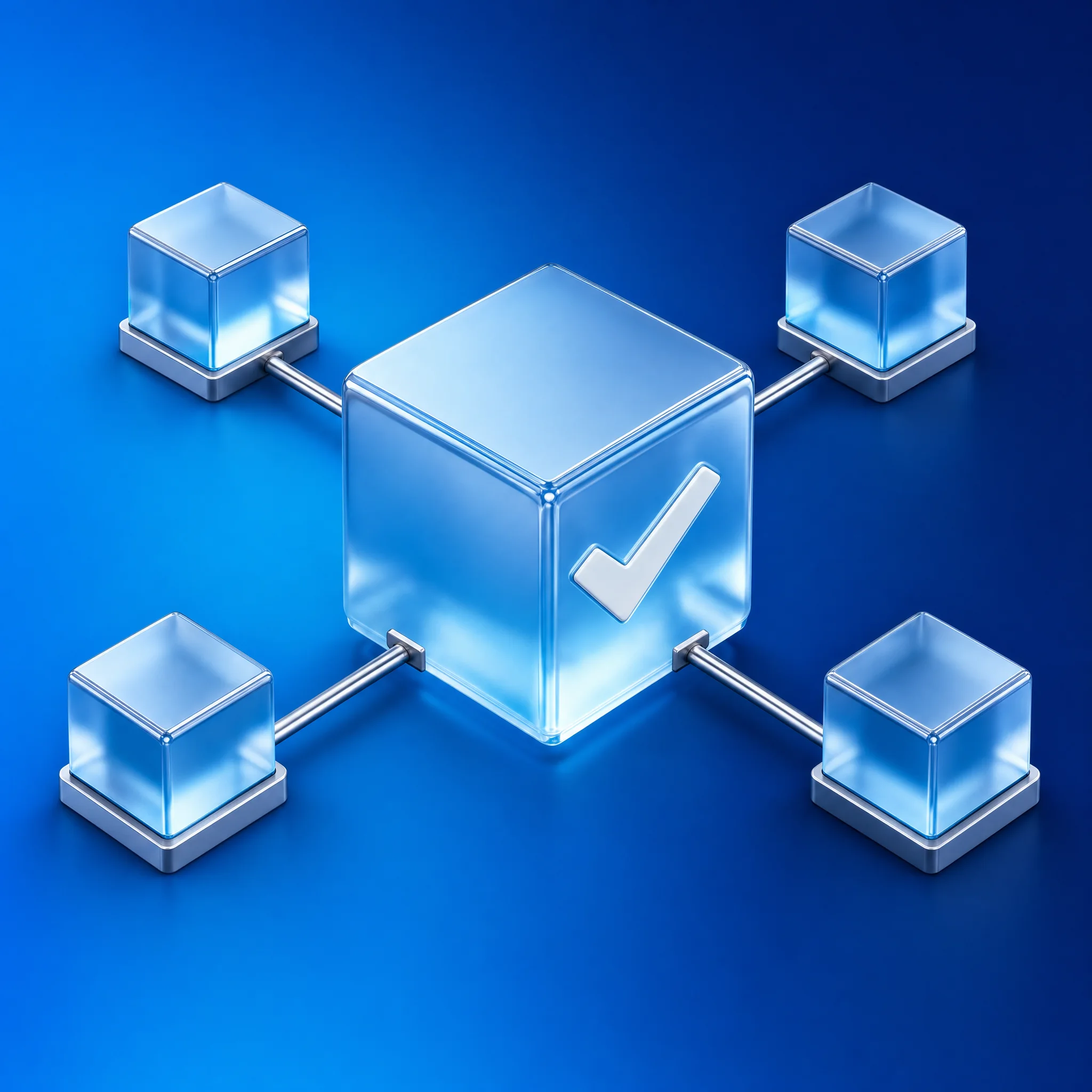 Connected blue glass cubes representing coordinated execution agents