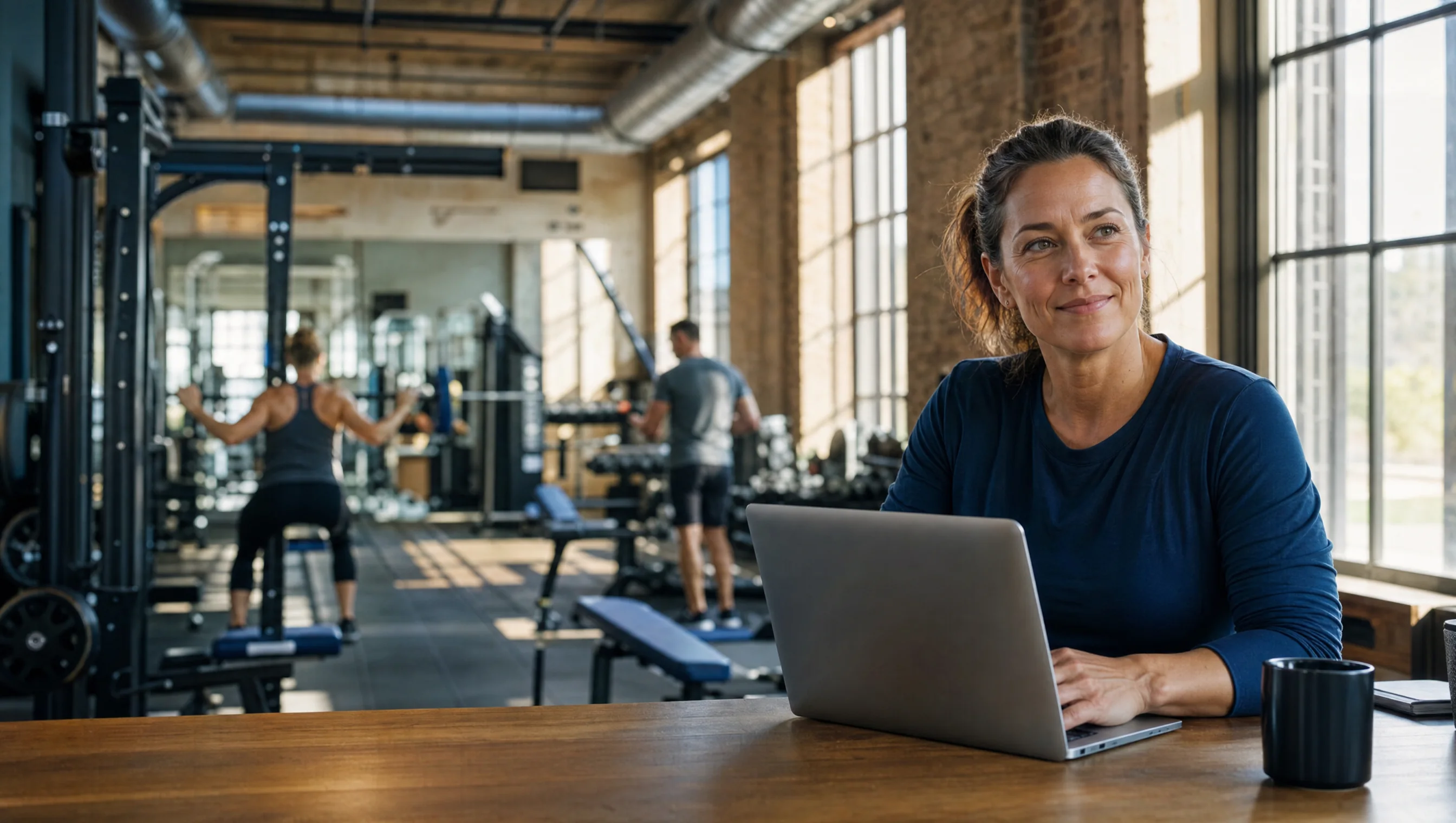 Gym owner working on her business from a laptop
